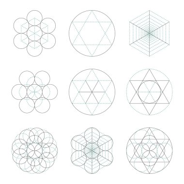 Kutsal geometrinin dokuz sembolünden oluşan bir set. Beyaz izole dövme siyah ve mavi çizgiler için doğrusal karakter 