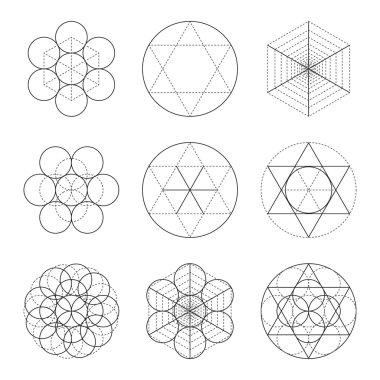 Kutsal geometrinin dokuz sembolünden oluşan bir set. Beyaz izole dövme siyah ve noktalı çizgiler için doğrusal karakter 