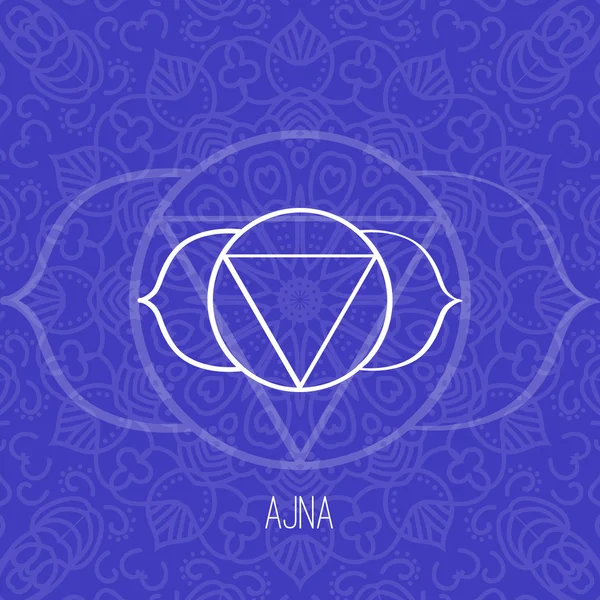 Lijnen geometrische illustratie van een van de zeven chakra's-Ajna op blauwe achtergrond, het symbool van het hindoeïsme, boeddhisme. — Stockvector
