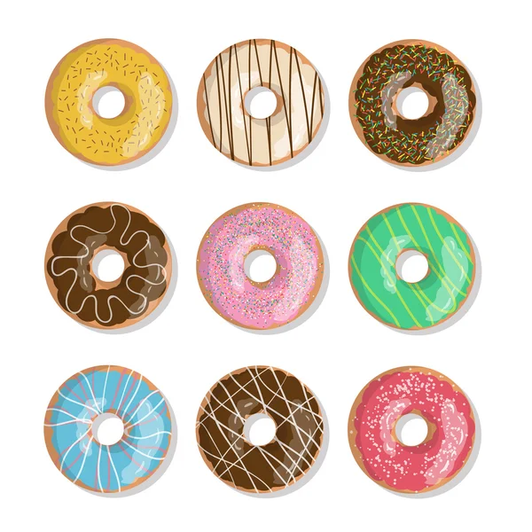 Μια σειρά από εννέα φωτεινά νόστιμα διανυσματικά ντόνατς εικόνα απομονώνονται στο λευκό φόντο. Εικονίδιο δακτυλίου σε στυλ κινουμένων σχεδίων — Διανυσματικό Αρχείο