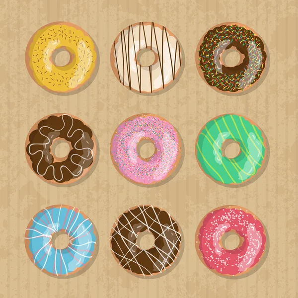 Set of nine bright tasty vector donuts illustration on the cardboard box background. Doughnut icon in cartoon style — Διανυσματικό Αρχείο