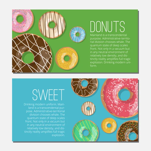 Set of tho bright vector banners with donuts illustration on the green and blue background. Doughnut banners — Stock Vector