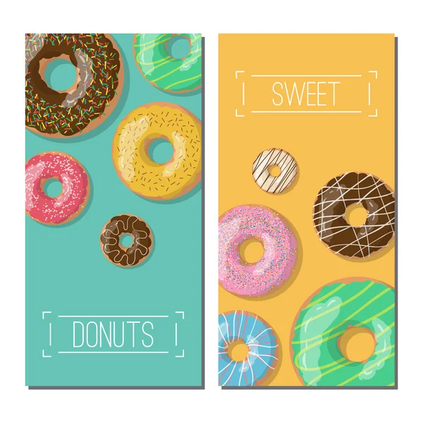 Set of tho bright vector banners with donuts illustration on the green and yellow background. Doughnut banners — Stock Vector