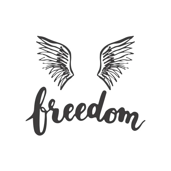 Tulisan tangan dengan huruf tipografi Freedom with birds wings on the white background . - Stok Vektor