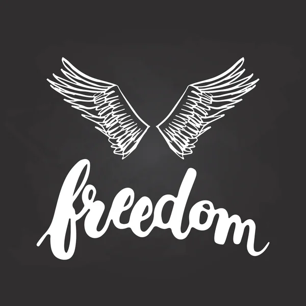 Tipografía tiza dibujada a mano frase de letras Libertad con alas de pájaros en el fondo de pizarra negro . — Archivo Imágenes Vectoriales