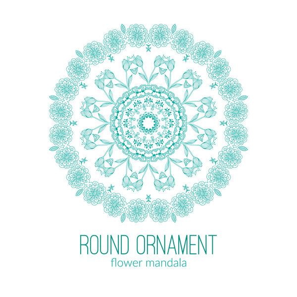 Vector hand drawn blue floral mandala circle ornament isolated on the white background. 