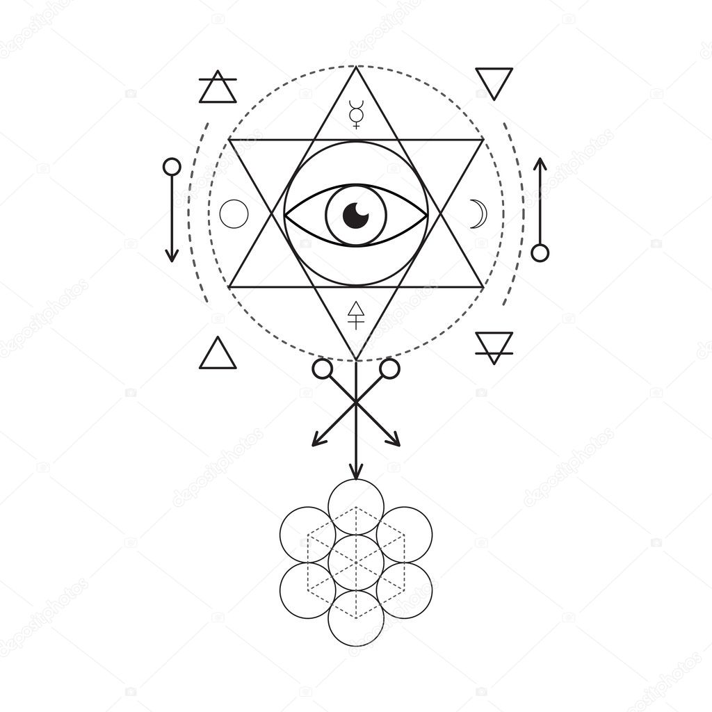 Symbol of alchemy and sacred geometry. Linear character illustration for lines tattoo on the white isolated background. Three primes: spirit, soul, body and 4 basic elements: Earth, Water, Air, Fire