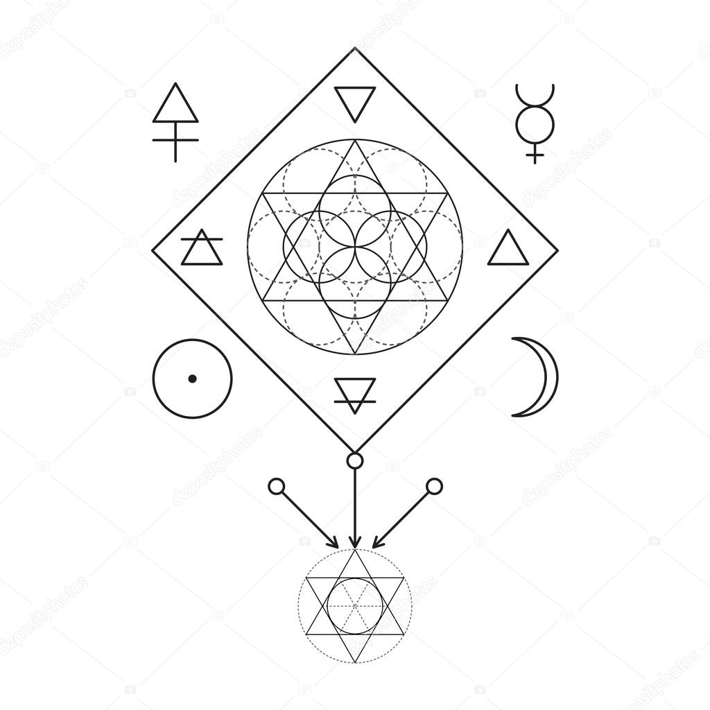 Symbol of alchemy and sacred geometry. Linear character illustration for lines tattoo on the white isolated background. Three primes: spirit, soul, body and 4 basic elements: Earth, Water, Air, Fire