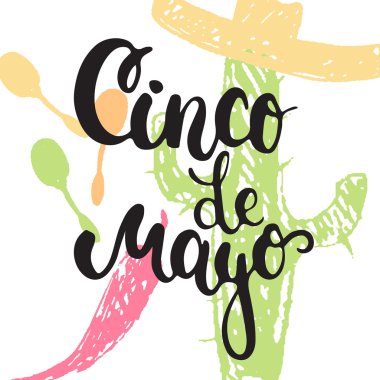 Cinco de Mayo mexican greeting card. Vector illustration with hand drawn sketch jalapeno, cactus, sombrero and maracas.