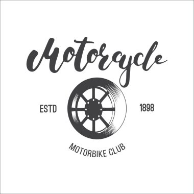 Tasarım için Vektör motosiklet kulübü logosu. Tekerlek ve kelime Motosiklet ile motosiklet kulübü için rozet veya amblem. Dövme veya t-shirt baskı için mürekkep illüstrasyon.