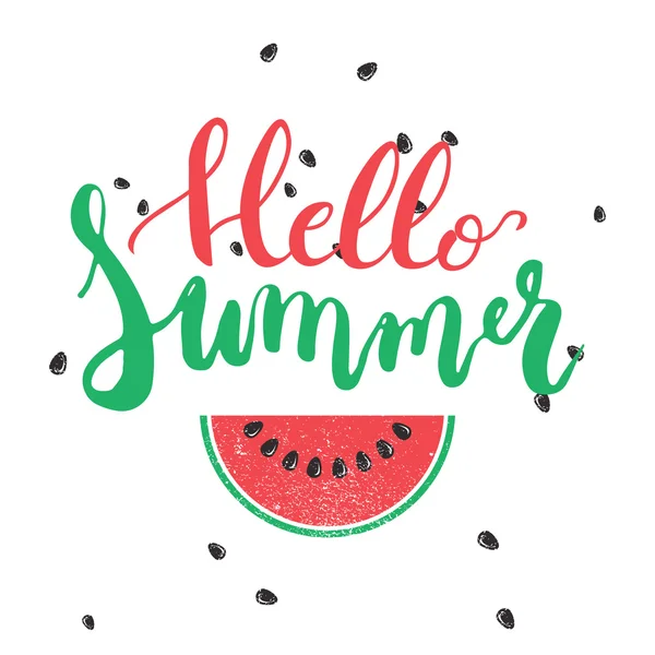 Hello Summer brush hand painted lettering phrase isolated on the white background with colorful watermelon. — Stock Vector