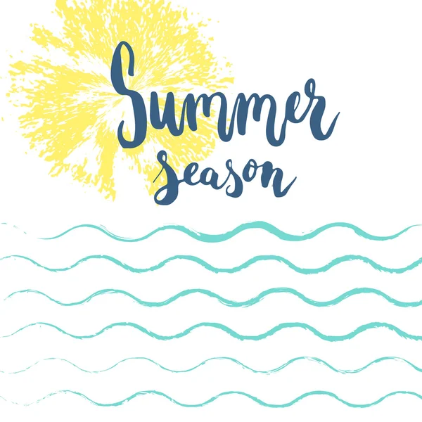 Hand drawn phrase Summer season on the colorful blue sea waves and yellow sun background. Hand lettering calligraphy greeting card or invitation for summer party template. Vector texture. — Stock Vector