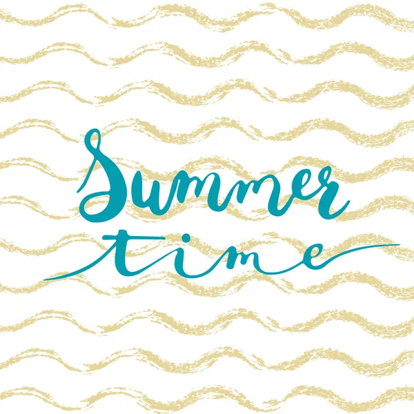 Hand drawn phrase Summer time on the sea wave golden background. Hand lettering calligraphy greeting card or invitation for summer party template. Vector texture. — Stock Vector