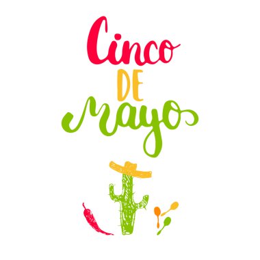 Cinco de Mayo mexican greeting card. Vector illustration with hand drawn sketch jalapeno, cactus, sombrero and maracas.