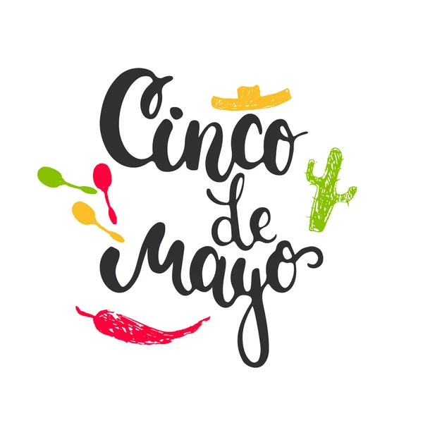 Cinco de Mayo mexican greeting card. Vector illustration with hand drawn sketch jalapeno, cactus, sombrero and maracas. — Wektor stockowy