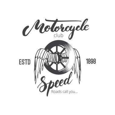 Tasarım için Vektör motosiklet kulübü logosu. Tekerlek ve kanatları ve kelime Motosiklet ve Hız harf ile motosiklet kulübü için Rozet veya amblem. Dövme veya t-shirt baskı için mürekkep illüstrasyon.