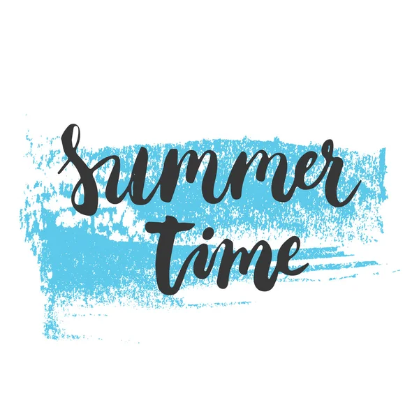 Hand drawn phrase Summer time on the colorful blue sketched background. Hand lettering calligraphy greeting card or invitation for summer party template. Vector texture. — Stock Vector