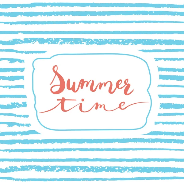 Hand drawn typography lettering phrase Summer time isolated on the blue striped background. Modern calligraphy for typography greeting and invitation card or t-shirt print design. — Stock Vector