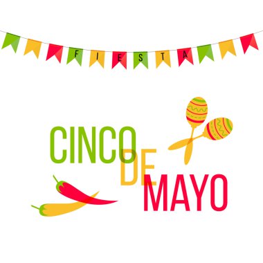 Cinco de Mayo mexican greeting card. Vector illustration with colorful flags and phrase Fiesta, jalapeno, cactus, sombrero and maracas.