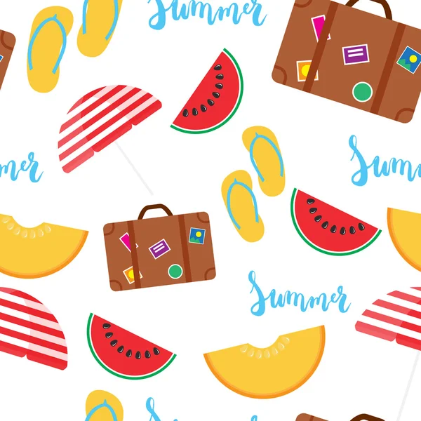 Sommar sömlösa mönster med pensel handmålade bokstäver fras sommar isolerad på den vita bakgrunden med färgglada vattenmelon, melon, Step-ins, parasoll, resväska ikoner. — Stock vektor
