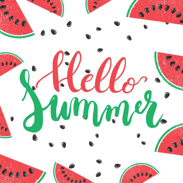 Hello Summer pinceau peint à la main phrase de lettrage isolé sur le fond blanc avec pastèque colorée . — Image vectorielle