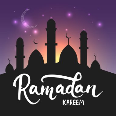 Ramazan Kareem parlak kartpostal arka plan ay, fenerler, yazı ve Camii ile. Ramazan için vektör çizim
