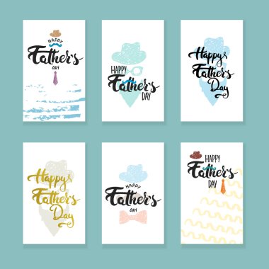 Mutlu Babalar günü yazı hat tebrik kartları ayarla şapka, bıyık, papyon, gözlük, kravat
