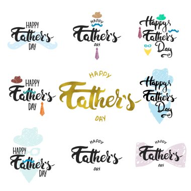 Mutlu Babalar günü yazı hat tebrik kartları ayarla şapka, bıyık, papyon, gözlük, kravat
