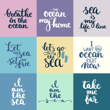 Deniz, okyanus ve yaz saati hakkında ayarlamak ifadeler yazı çizilmiş tipografi el.