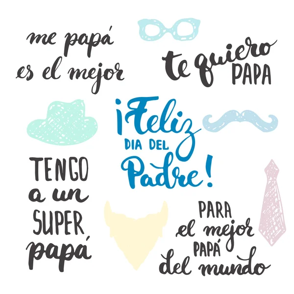 Padres dia lettering caligrafia frases definidas em espanhol Feliz dia del Padre, Tengo a un Super, Papa, Te quiero, Papa —  Vetores de Stock