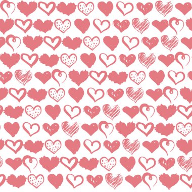 Elle çizilmiş kalpler arka plan ile dikişsiz desen. Kalpli tek renkli fırça mürekçesi.