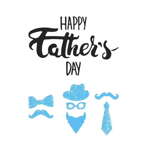 Ευχετήρια κάρτα για την ημέρα της ημέρας του πατέρα με γένια, καπέλο, γυαλιά, μουστάκι, γραβάτα απομονωμένη στο λευκό φόντο. Απεικόνιση για τις προσκλήσεις της ημέρας του πατέρα. Τα γράμματα του μπαμπά. — Διανυσματικό Αρχείο