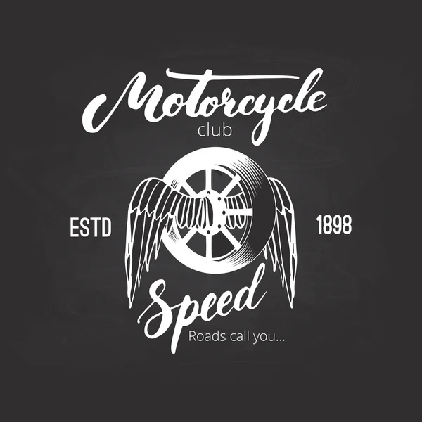 Vector motorcycle club logo for you design. Badge or emblem for motorbike club with wheel and wings and lettering word Motorcycle and Speed. Ink illustration for tattoo or t-shirt print. — Stock Vector