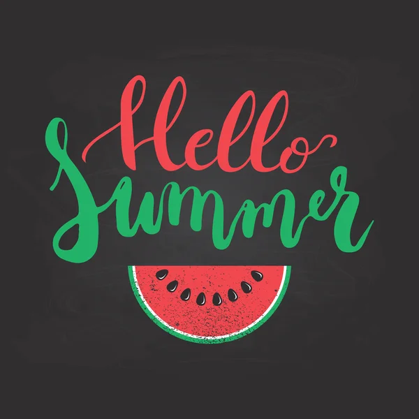 Hello Summer brush hand painted lettering phrase isolated on the chalkboard background with colorful watermelon. — Stock Vector