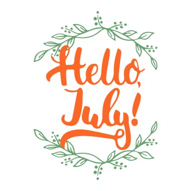 El çekilmiş tipografi harflerle ifade Merhaba, beyaz arka plan üzerinde izole yeşil çelenk ile Temmuz. Tipografi tebrik ve davetiye kartı veya t-shirt baskı tasarımı için eğlenceli hat.