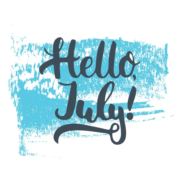 Ruky nakreslené typografie nápis frázi Hello, července na modré skica izolovaných na bílém pozadí. Zábavné kaligrafie typografie pozvání a pozdrav karty nebo tričko tisk design. — Stockový vektor