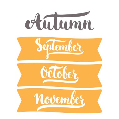 sonbahar ayın 3 yıl - Eylül, Ekim, Kasım, yazı fırça mürekkep beyaz arka plan üzerinde izole işareti. Sonbahar sezonu mürekkep fırça işareti yazı.