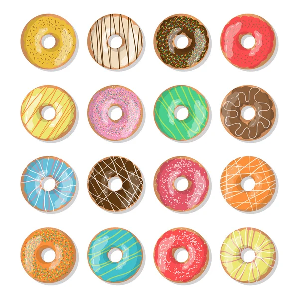 Set of 12 bright tasty vector donuts illustration isolated on the white background. Doughnut icon in cartoon style for donuts menu in cafe and shop. — Stock Vector