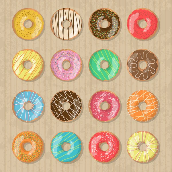 Set of 16 bright tasty vector donuts illustration on the cardboard box background. Doughnut icon in cartoon style for donuts menu in cafe and shop. — Stock Vector