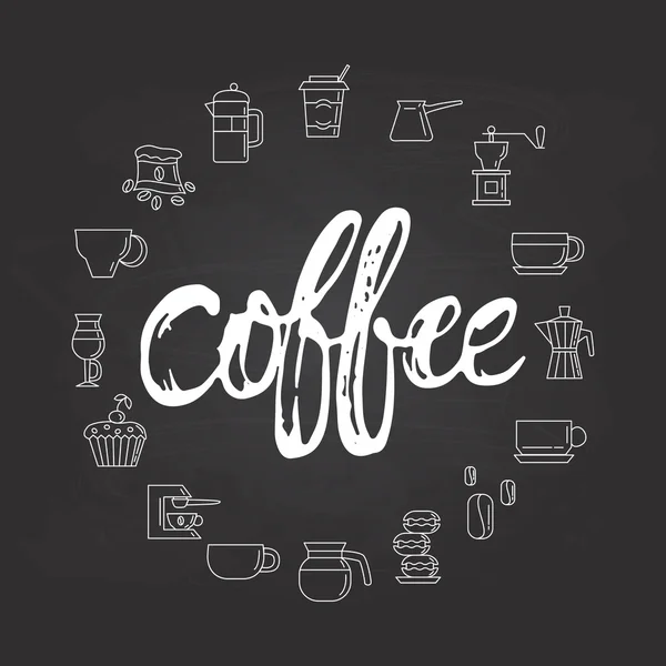 Кофе - ручная буквенная фраза, выделенная на фоне доски с кругом иконок кофе. Надпись кистью для наложения фото, открытки или печати, дизайн плаката . — стоковый вектор