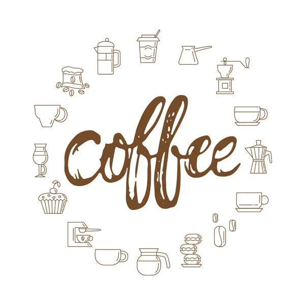 Kaffee - handgezeichneter Schriftzug, isoliert auf weißem Hintergrund mit Kaffee-Symbolen. Fun Pinselbeschriftung für Foto-Overlays, Typografie-Grußkarte oder Druck, Flyer, Plakatgestaltung. — Stockvektor