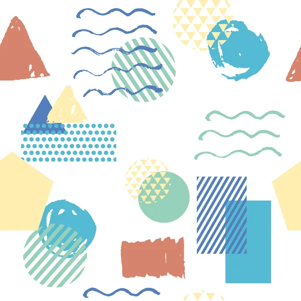 Nahtlose bunte geometrische Muster Hintergrund inspiriert von Memphis-Stil. Illustration mit Dreieck, Quadrat, Kreis für Textilgestaltung, Modeposter. — Stockvektor
