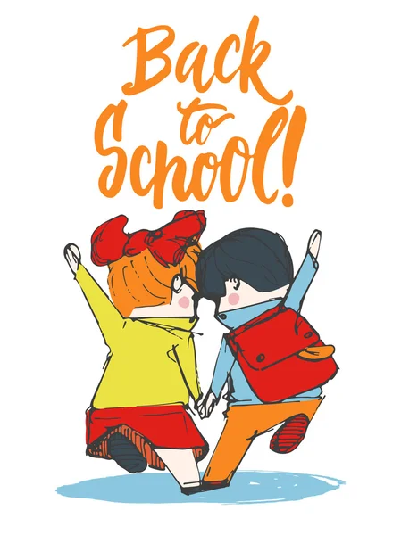 Duas pupilas, rapaz e rapariga a correr para a escola de mãos dadas. Frase de letras desenhada à mão De volta à escola. Ilustração vetorial . — Vetor de Stock