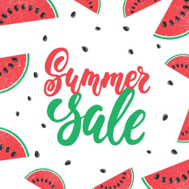 Yaz Satılık - karpuz ile beyaz zemin üzerine izole ifade yazı elle çizilmiş. Şablon için banner reklam, alışveriş yapmak ve poster tasarımı ve sezon el ilanları depolamak.