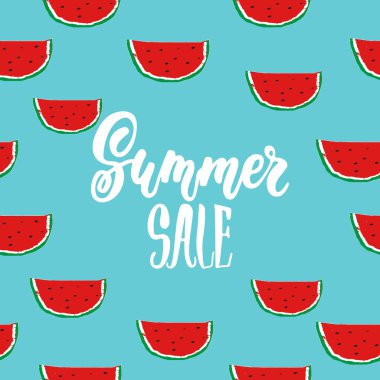 Yaz Satılık - karpuz ile mavi arka plan üzerinde izole ifade yazı elle çizilmiş. Şablon için banner reklam, alışveriş yapmak ve poster tasarımı ve sezon el ilanları depolamak.
