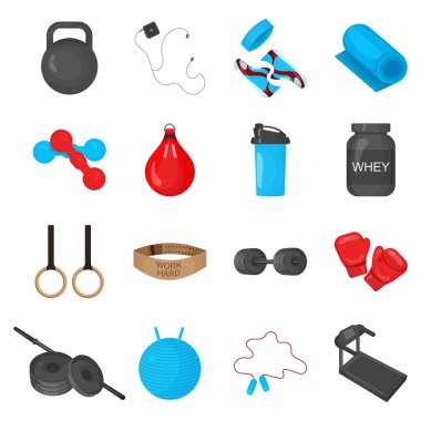 Spor salonu veya fitness kulübü flayers için spor ekipmanları elemanları ile ayarlanmış düz trendy renk simgeleri.