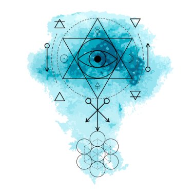 Simya ve mavi suluboya arka plan üzerinde kutsal geometri sembolü. Doğrusal karakter gösterim amacıyla satırları dövme beyaz izole arka planda.