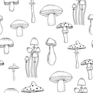 Arka planda izole farklı mantar ile siyah ve beyaz dikişsiz desen. Tekstil, baskı, ambalaj kağıdı, web sitesi için İllüstrasyon.