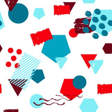 Kesintisiz renkli geometrik desen arka plan memphis tarzı ile esinlenerek. Üçgen, kare, daire tekstil tasarımı, moda poster için illüstrasyon.
