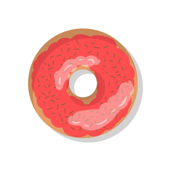 흰색 배경에 고립 된 뿌리와 맛있는 핑크 달콤한 도넛 아이콘. 카페, 레스토랑, 상점 전단지 및 배너도 도넛의 상단보기 그림. — 스톡 벡터